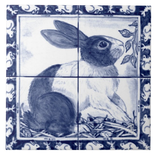 Navy Blue White Dutch Rabbit Dedham Delft Mural Fliese (Vorderseite)