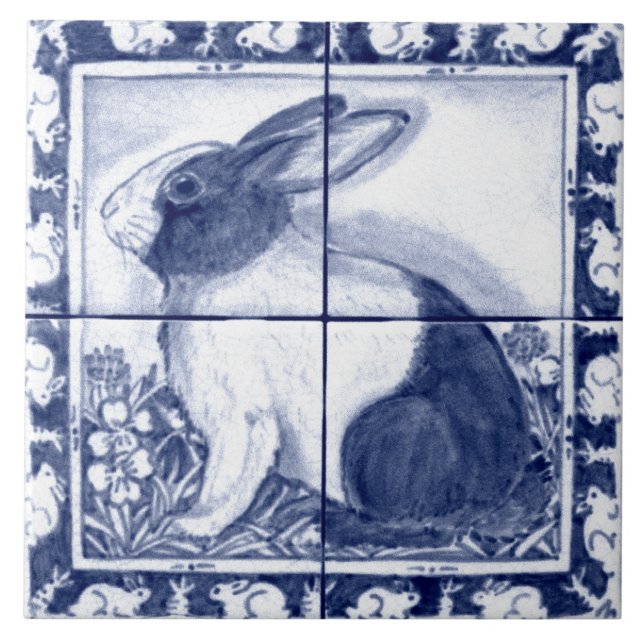 Navy Blue White Dutch Rabbit Dedham Delft Mural Fliese (Vorderseite)