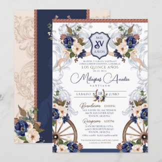 Navy Blue White Elegante Baroque Charro Quinceaner Einladung