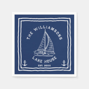 Navy Blue White Family Name Anchor Sailboat Lake Serviette