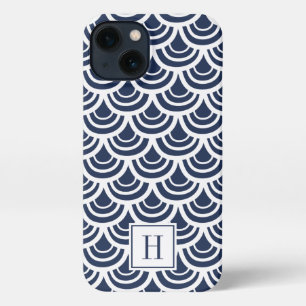 Navy Blue & White Fishscale Muster Monogram iPhone Hülle