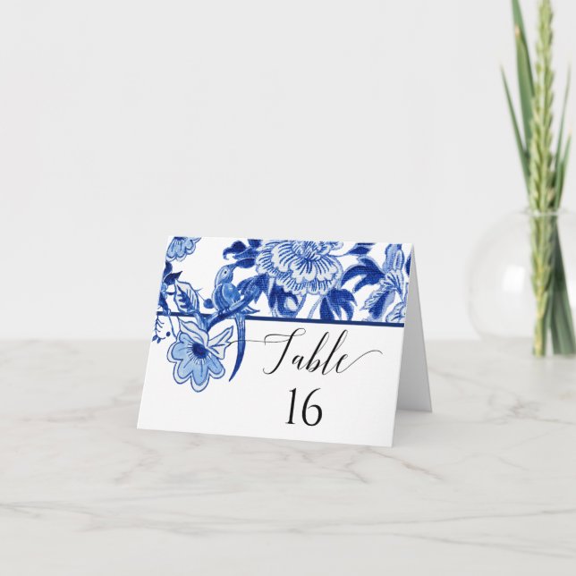 Navy Blue White Floral Chinoiserie Tischnummer (Vorderseite)