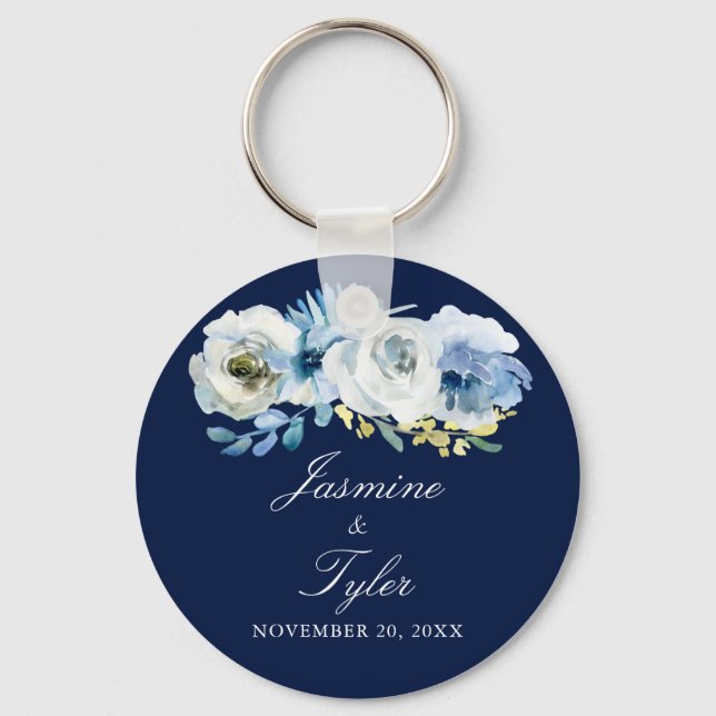 Navy Blue White Floral Elegant Hochzeitsfavorit Schlüsselanhänger (Vorderseite)