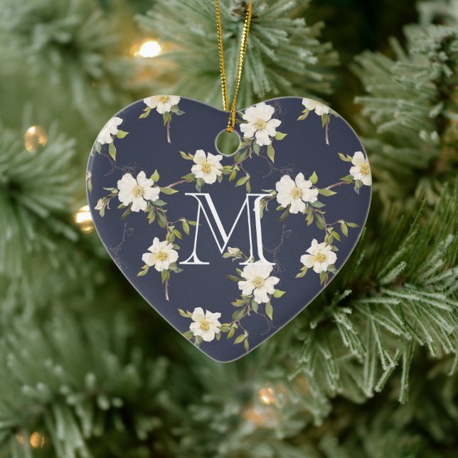 Navy Blue White Floral Monogram Keramik Ornament (Baum)