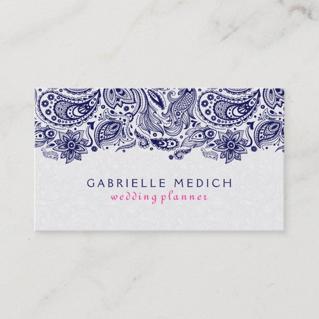 Navy Blue & White Floral Paisley Lace Visitenkarte (Vorderseite)