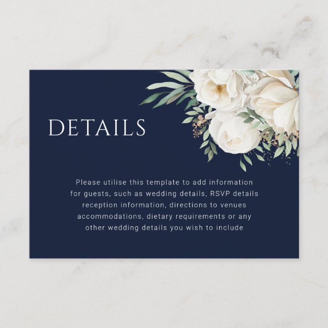 Navy Blue & White Flower Wedding Details Begleitkarte (Vorderseite)