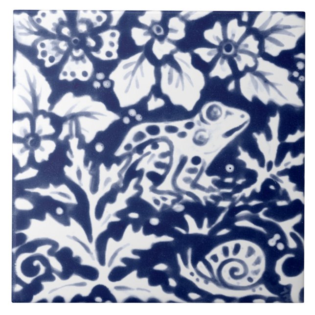 Navy Blue White Froschsnail Fern Leaf Cobalt  Fliese (Vorderseite)