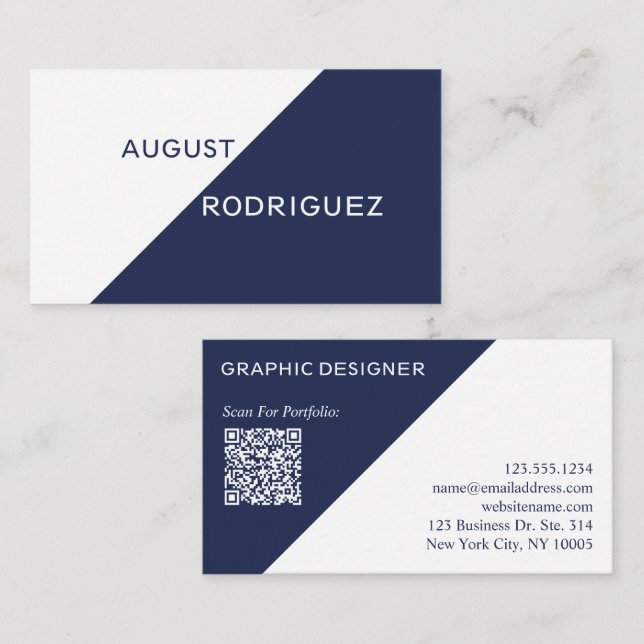 Navy Blue White Geometric Custom QR Code Visitenkarte (Vorne/Hinten)
