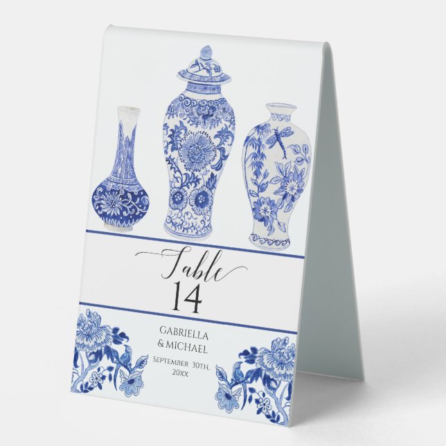 Navy Blue White Ginger Jars Bird Floral Wedding Tischaufsteller (Vorderseite)