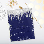 Navy blue white glitter drips monogram script 2023 planer<br><div class="desc">A navy blue background decorated with white stars and faux silver glitter drips and dust. Personalize and add your name. The name is written with a modern hand lettered style script with swashes. To keep the swashes only delete the sample name, leave the spaces or emoji's in front and after...</div>