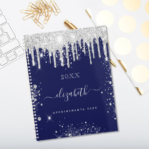 Navy blue white glitter drips monogram script 2023 planer