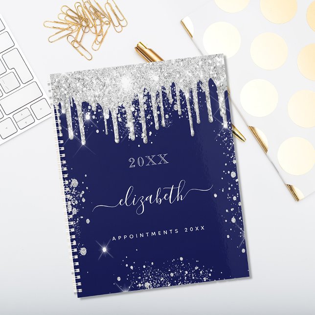 Navy blue white glitter drips monogram script 2023 planer (Von Creator hochgeladen)