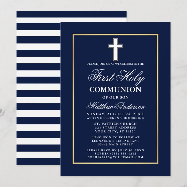 Navy Blue White Gold Rahmen Erste heilige Kommune Einladung (Vorne/Hinten)