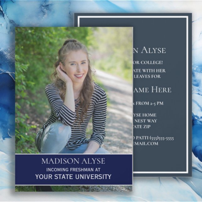 Navy Blue White Grad Uni Trunk Party Foto Einladung (Navy blue and white graduation/college dorm trunk party photo invitation)