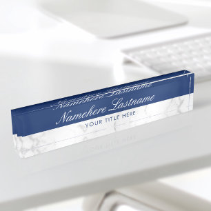 Navy Blue White Gray Marble Elegantes Skript Namensplakette