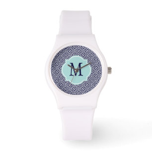 Navy Blue & White Griechisches Schlüsselmuster Armbanduhr