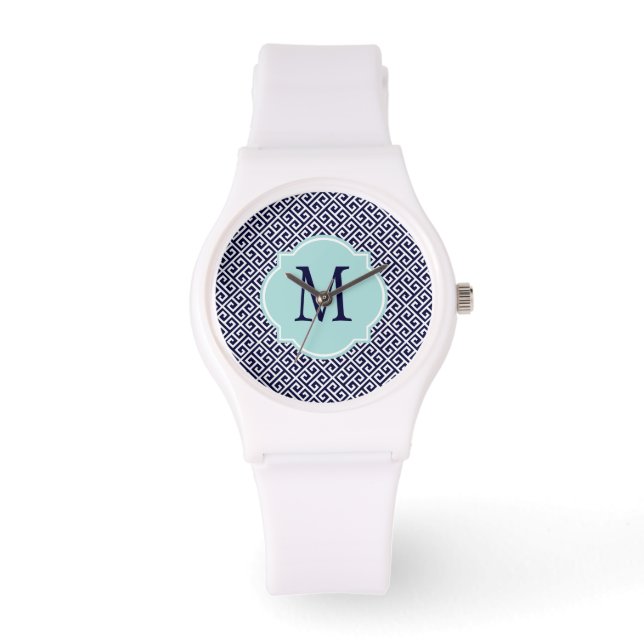 Navy Blue & White Griechisches Schlüsselmuster Armbanduhr (Vorderseite)