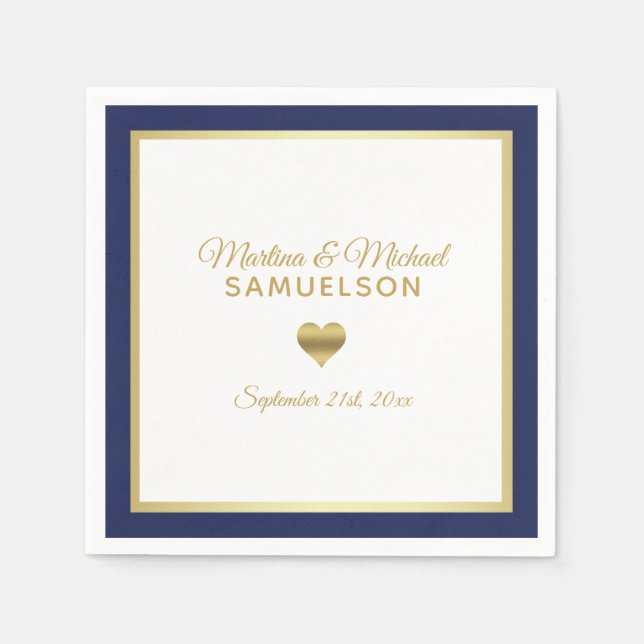 Navy Blue White Heart Frame Wedding Serviette (Vorderseite)