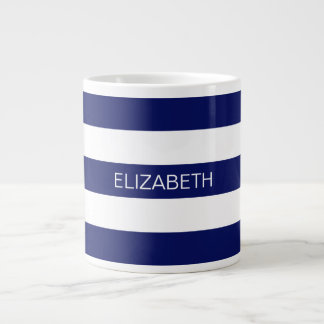 Navy Blue White Horiz Preppy Strip #3 Monogram Jumbo-Tasse