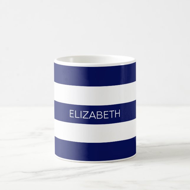 Navy Blue White Horiz Preppy Strip #3 Monogram Kaffeetasse (Mittel)
