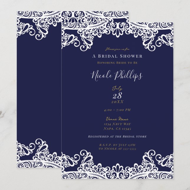 Navy Blue & White Lace Elegantes Brautparty Einladung (Vorne/Hinten)