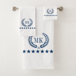 Navy Blue White Laurel Wreath Monogram Badhandtuch Set