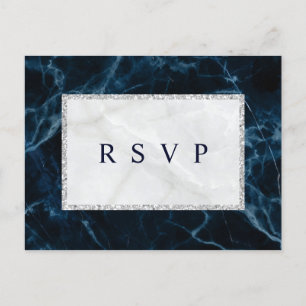 Navy Blue White Marble Wedding RSVP Einladungspostkarte