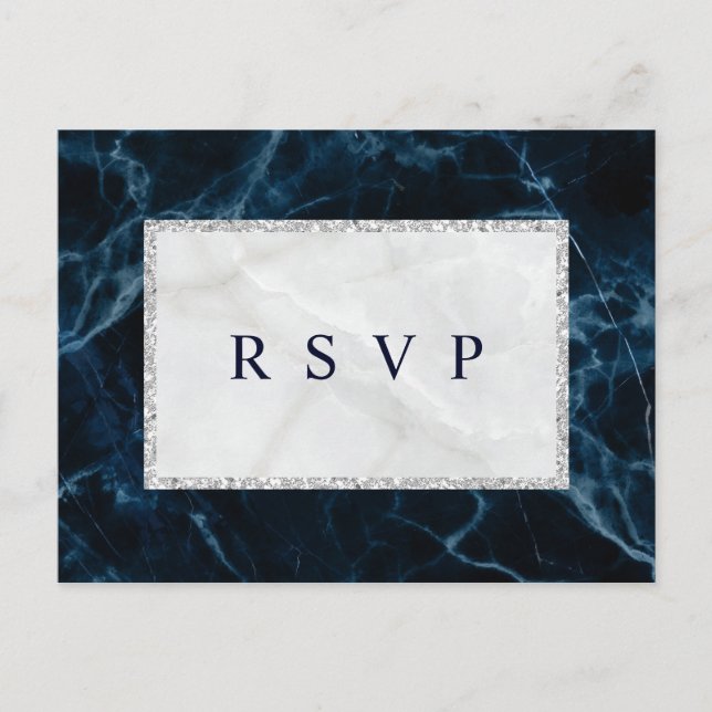 Navy Blue White Marble Wedding RSVP Einladungspostkarte (Vorderseite)