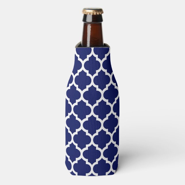 Navy Blue White marokkanische Quatrefolienmuster # Flaschenkühler (Flaschenvorderseite)
