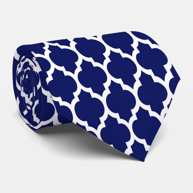 Navy Blue White marokkanische Quatrefolienmuster # Krawatte (Gerollt)