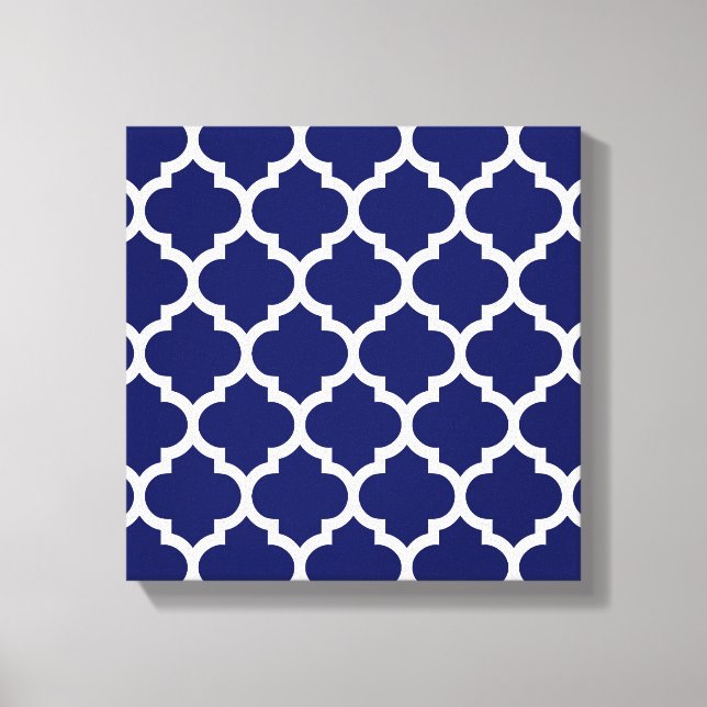 Navy Blue White marokkanische Quatrefolienmuster # Leinwanddruck (Vorderseite)