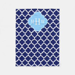 Navy Blue White Marokko #5 Sky Blue Name Monogram Fleecedecke