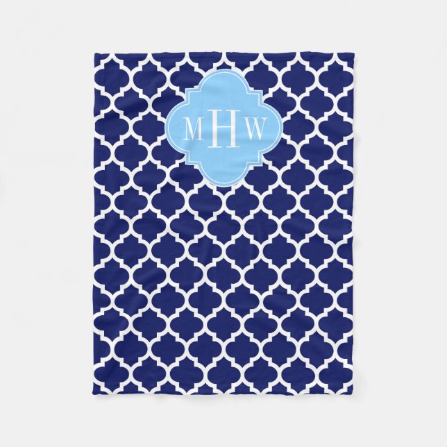 Navy Blue White Marokko #5 Sky Blue Name Monogram Fleecedecke (Vorderseite)