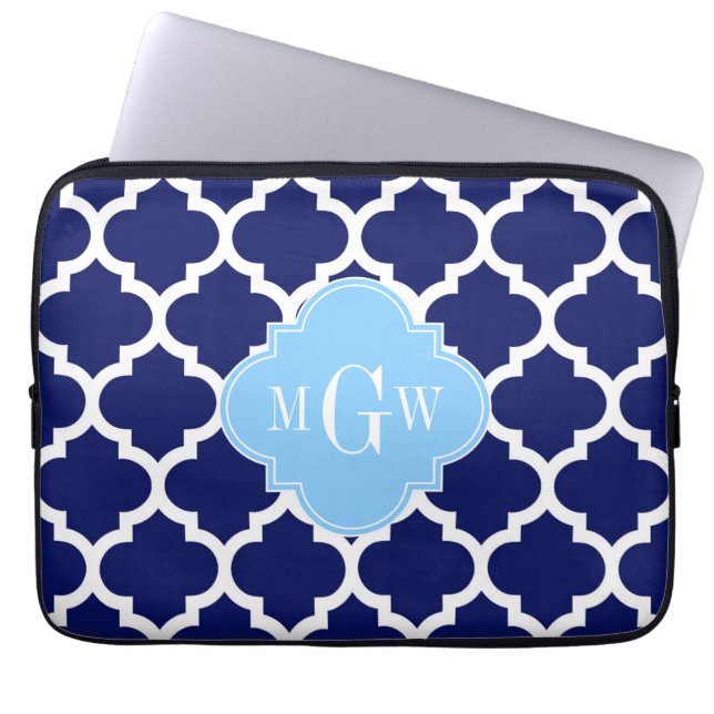 Navy Blue White Marokko #5 Sky Blue Name Monogram Laptopschutzhülle (Vorderseite)