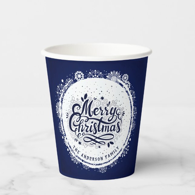 Navy Blue & White Minimal Elegante Merry Chirtsmas Pappbecher (Vorderseite)