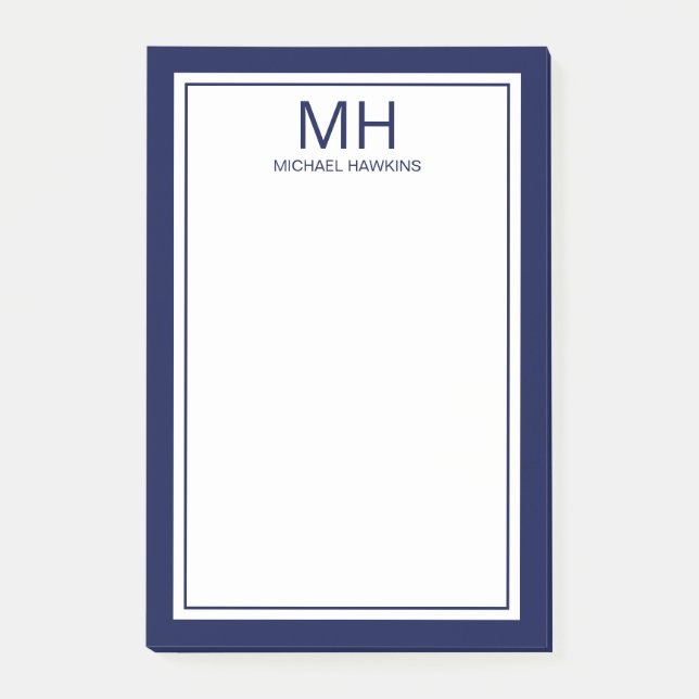 Navy Blue White Mit Monogramm Men Post-it Klebezettel (Vorderseite)