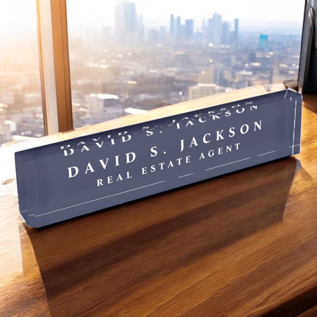 Navy Blue White Modern Elegant Beruflich Classy Namensplakette (Von Creator hochgeladen)