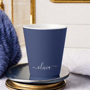 Navy Blue White Modern Script Giron Monogram Name Milchtasse