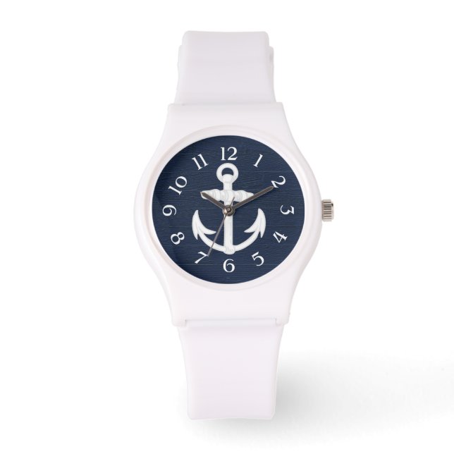 Navy Blue/White Nautical Anchor mit Zahlen Armbanduhr (Vorderseite)