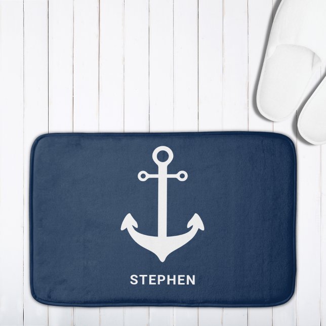 Navy Blue White Nautical Anchor Personalisiert Badematte (Von Creator hochgeladen)