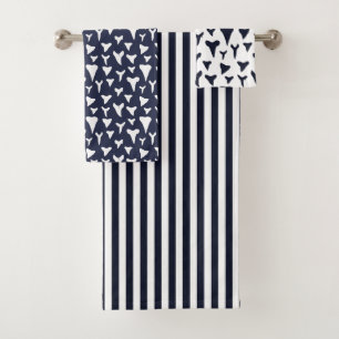 Navy Blue White Nautical Shark Teeth Muster Badhandtuch Set