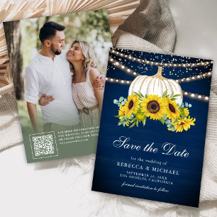 Navy Blue White Pumpkin Sunflowers Wedding Foto Save The Date