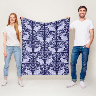Navy Blue & White Rabbit Bunny Bird Floral Dedham Fleecedecke