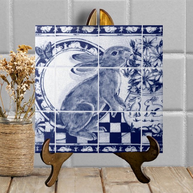 Navy Blue White Rabbit Dedham Pottery Delft Mural Fliese (Von Creator hochgeladen)