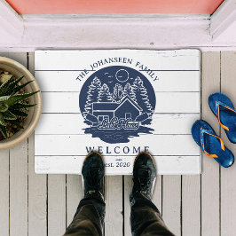 Navy Blue & White Rustic Wood Nautical Lake House Fußmatte
