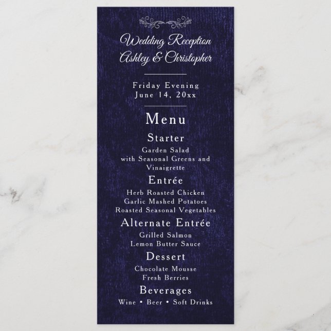 Navy Blue White Script Wedding Reception  Menükarte (Vorderseite)
