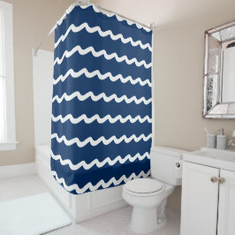 Navy Blue White Sea Wellenmuster Duschvorhang