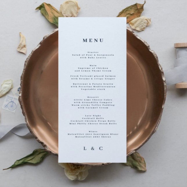 Navy Blue White Simple Classic Wedding Menükarte (Von Creator hochgeladen)