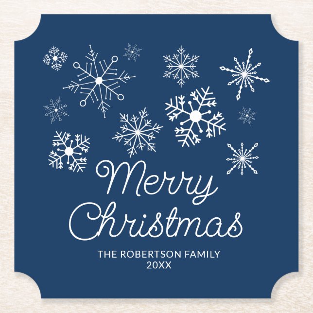 Navy Blue White Snowflakes Weihnachts-Party Untersetzer (Vorderseite)