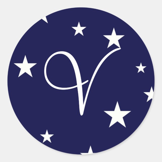 Navy Blue White Stars Monogram V Sticker (Vorderseite)